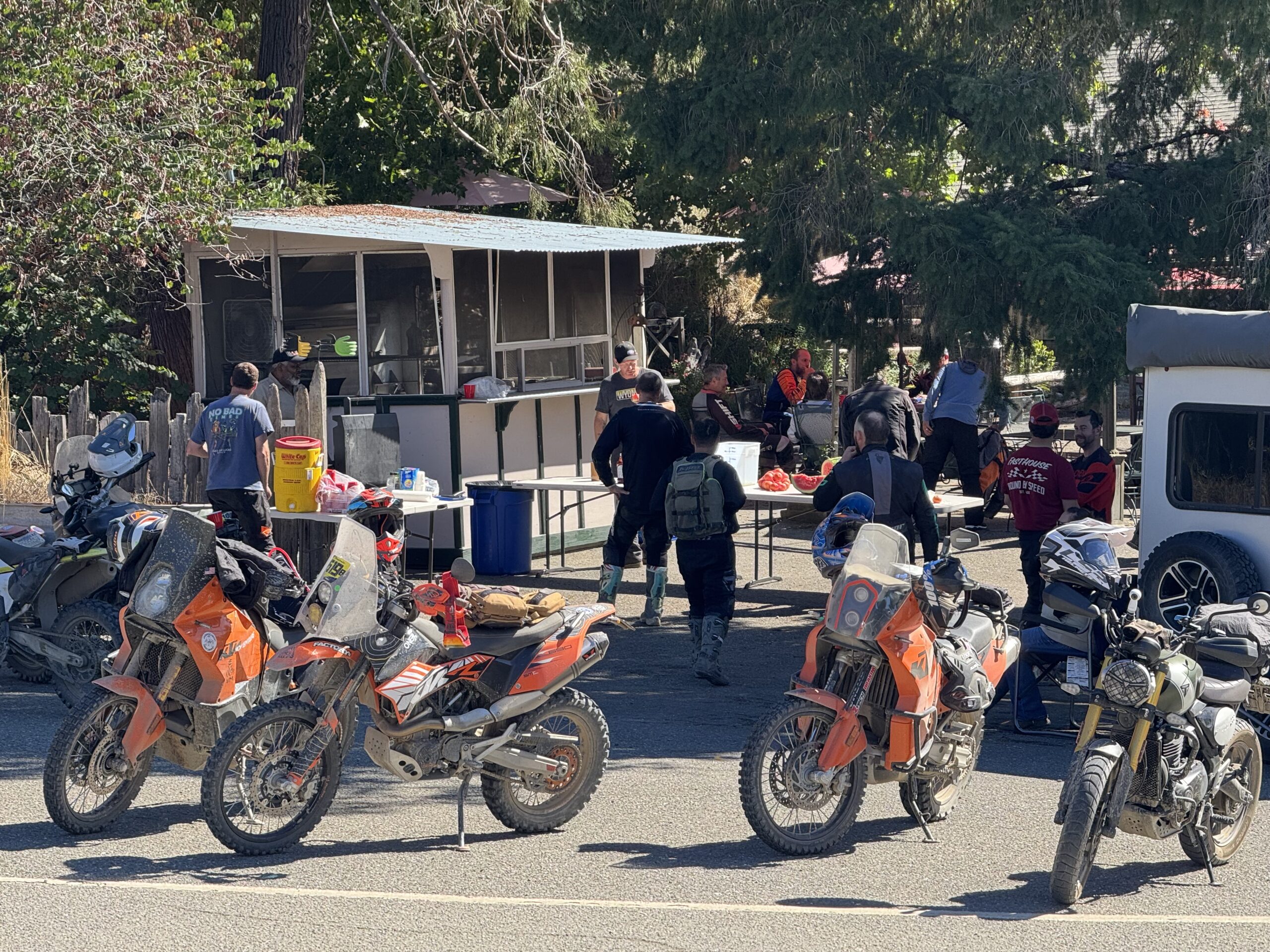 Riders parked at a scenic mountain overlook