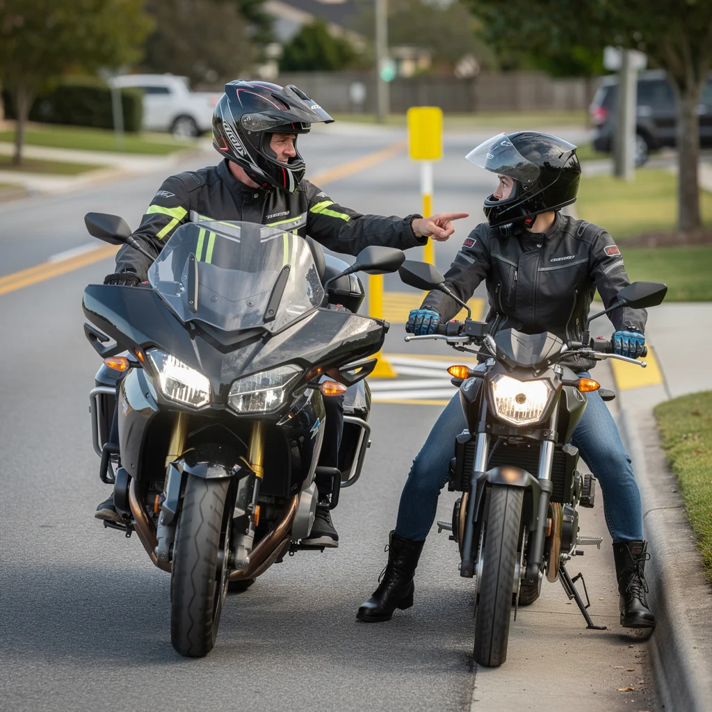 Experienced rider mentoring a new member on safety