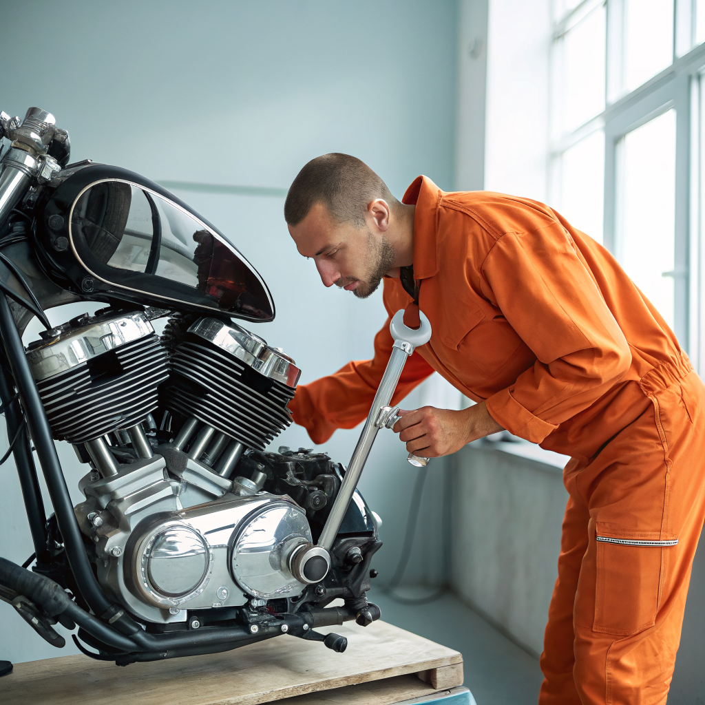 Close-up of a motorcycle engine during a tune-up