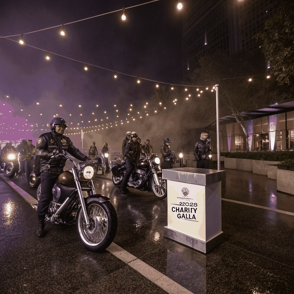 Motorcycles parked under city lights after a night ride