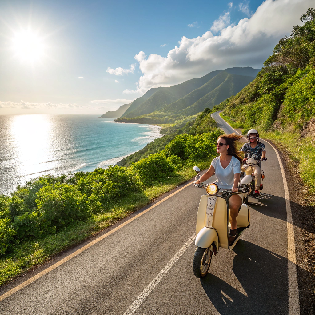 Group of motorcyclists riding on a scenic coastal highway