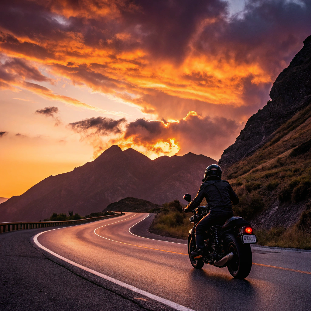Motorcycle silhouette against a vibrant sunset sky