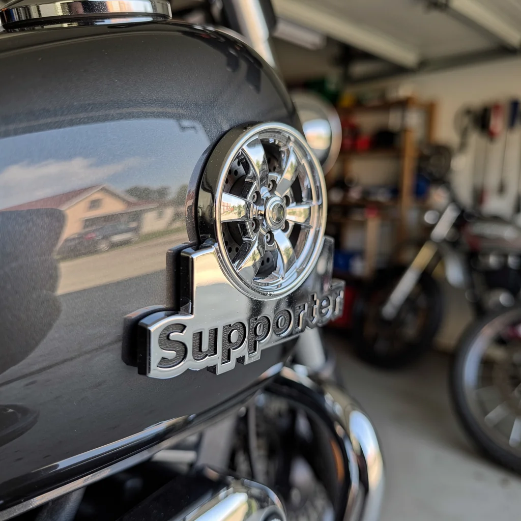 Roadmoto supporter badge on motorcycle tank